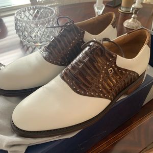 Men’s FootJoy 1857 Plain Toe Saddle Golf Shoes - White/Chestnut Croc - Size 8.5